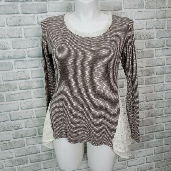 Anthropologie Clu Willoughby L Brown Striped‎ Knit Pullover Sweater Chiffon Trim - Picture 1 of 7